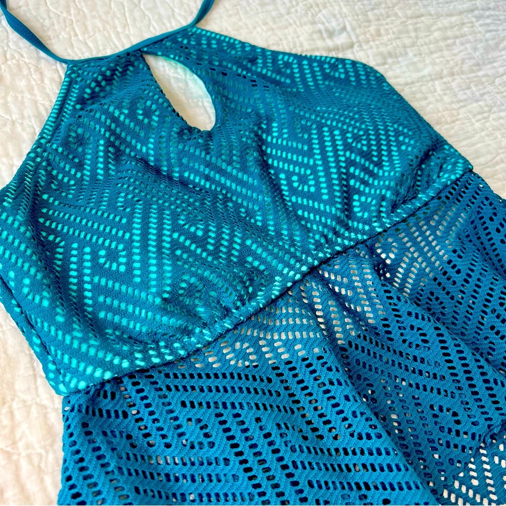 True Craft Tankini Swim Beach Top Aqua Blue / Green Graphic Lace Like Ruffle